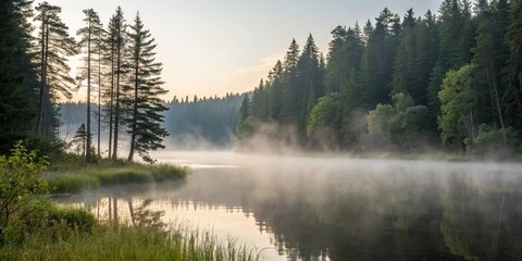 Peaceful morning scene of a forest pond surrounded by tall trees and misty fog rising from the water's surface, calm, serene, forest, stillness