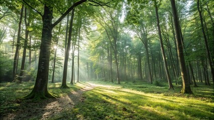 Fototapeta premium Panorama of a serene forest with sunlight filtering through the trees, creating dappled patterns on the forest floor, landscape, sun
