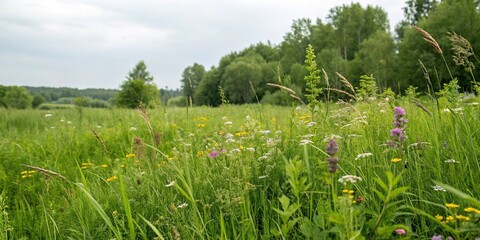 Overgrown grass and wildflowers on a lush green background, foliage, nature, botanical