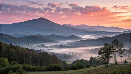 Fototapeta premium serene mountain landscape with misty sunrise, scenery, hills