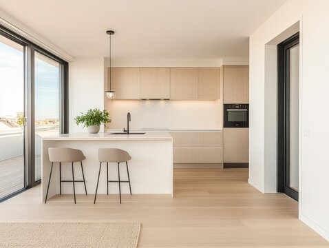 Modern minimalist kitchen design with a spacious layout in a bright, airy apartment