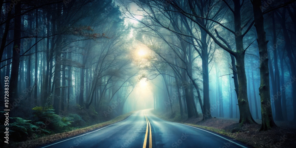 Poster a winding road leads through a dense forest shrouded in mist, with sunlight filtering through the ca