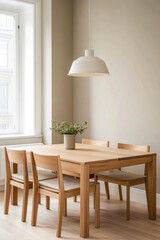 Minimalist dining area with wooden furniture and modern lighting in a softly lit room