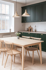 Fototapeta premium Modern kitchen with green cabinetry and wooden dining set in a cozy home setting