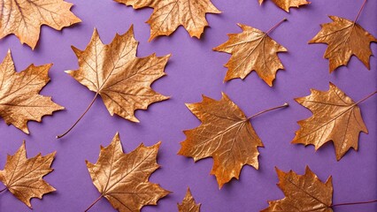 Pattern of dry orange metallic leaves on violet background, vibrant colors, metallic art, leaf motifs, autumn foliage, orange tones