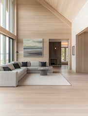 Fototapeta premium A spacious living room showcases a minimalist design with abundant natural light