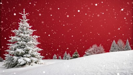 Obraz premium Snowy Christmas scene with red background, snowy woods, holiday cheer