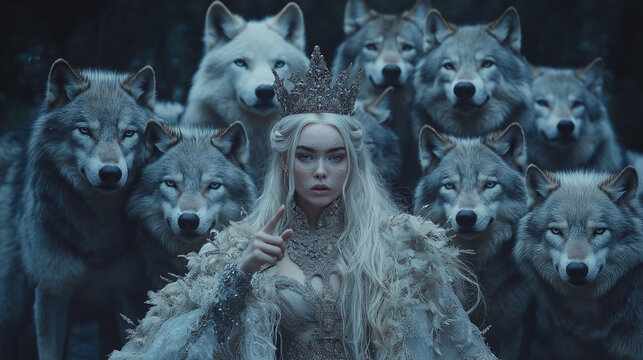 Ice Queen and her Pack: A majestic blonde woman, adorned in an ethereal crown and intricate garment, stands defiantly amidst a pack of wolves in a dark, mystical forest.