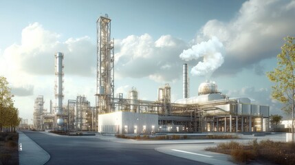 Obraz premium A modern industrial complex with tall smokestacks and a large, spherical structure. The plant is surrounded by trees and a paved road.