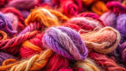 A Symphony of Color Soft, Delicate Strands of Yarn in a Vivid Palette of Purple, Red, Orange, and White, Intertwined and Interwoven to Create a Textural Masterpiece.