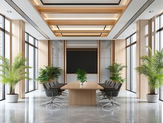 Fototapeta premium Modern Office Workplace with Ergonomic Furniture, Bright Lighting, and Collaborative Spaces for Enhanced Productivity and Comfort in a Professional Environment