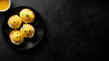 Black background with a flat lay of eggs Benedict, coffee cup on the side, creamy hollandaise over the eggs for a premium breakfast feel.