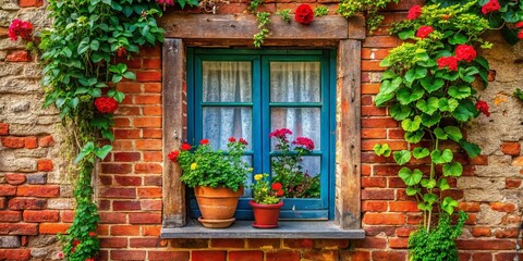 A vintage window adorned with climbing vines and vibrant flowers, set against a backdrop of rustic red brick