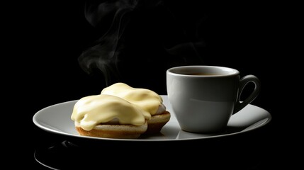 Fototapeta premium Black background with plate of classic eggs Benedict, topped with hollandaise sauce and served with a steaming cup of coffee. Minimalist composition.