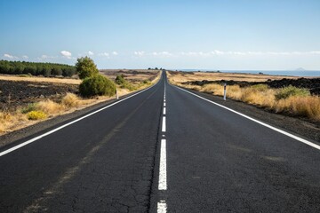Fototapeta premium Straight black asphalt road with white dividing lines on a sunny day, rural, highway markings
