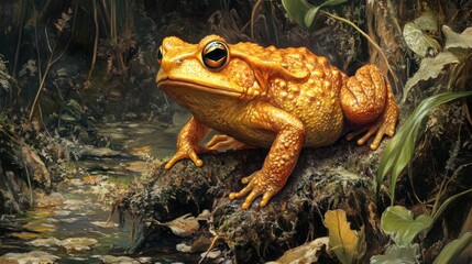 Fototapeta premium A golden toad sits on a rock by a stream in a lush jungle.