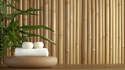 A serene arrangement of towels and natural elements against a bamboo backdrop, evoking tranquility and relaxation.