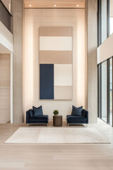 Modern living space with minimalist design and artistic wall decor in a bright interior setting
