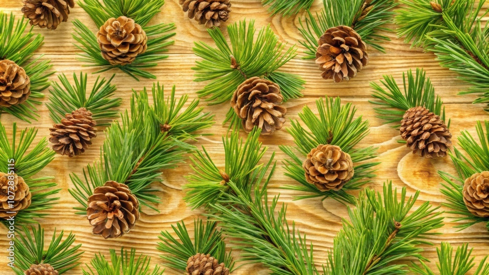 Poster a seamless pattern of pine cones and evergreen branches on a wooden background