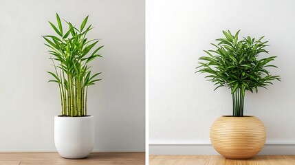 Two elegant potted plants in modern containers, showcasing greenery against neutral backgrounds, enhancing interior decor with a touch of nature.