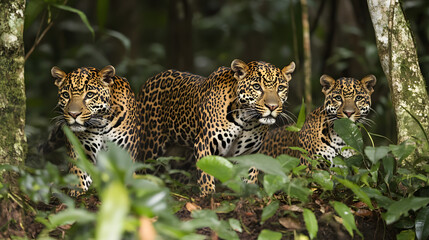 Leopards with spotted coats in dense jungle.