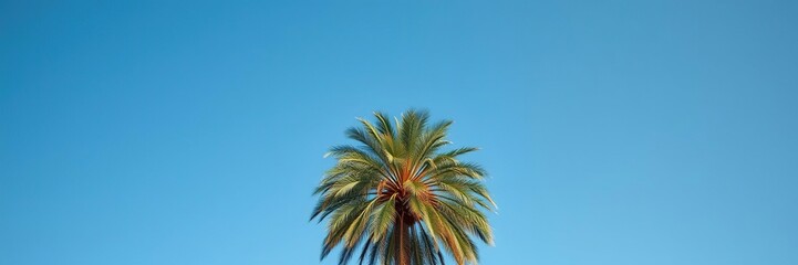 Tall palm tree standing against a vibrant blue sky backdrop, summer, coastal