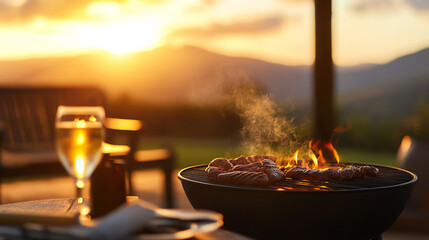 South African braai with grilled meats, set in a countryside outdoor setting with mountain views, soft evening sunlight