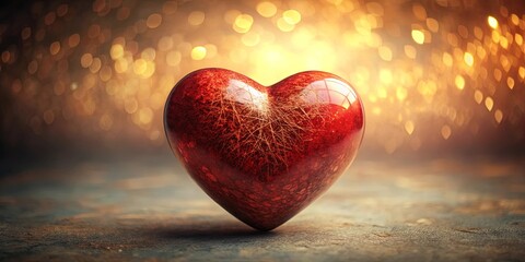 Fototapeta premium A Shiny Red Heart Reflects the Warm Glow of the Setting Sun on a Rough Wooden Surface