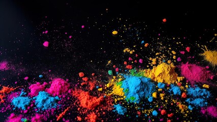 Vibrant colored powders scattered on a dark and glossy black background, creating a mesmerizing visual effect, graphic design concept, color