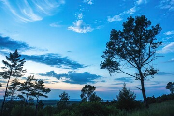 Fototapeta premium Vibrant Blue Summer Sky with Silhouetted Trees, serene landscape, vibrant blue, lush vegetation, idyllic backdrop, bright sun