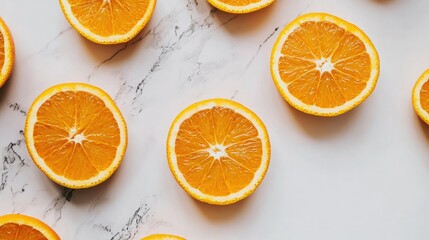 Fototapeta premium Close-up of vibrant orange slices laid flat on a white background perfect for wellness or culinary-themed visuals