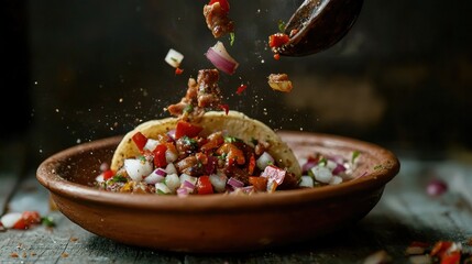 Cochinita Pibil tacos, onion, habanero chili in mid-air over clay plate. Motion-focused, capturing rich colors of Mexican cuisine.