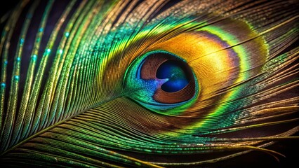 Obraz premium A Single Peacock Feather Displaying the Intricate Pattern of Its Eyespot with Vibrant Colors and Delicate Barbs