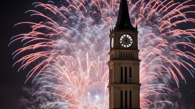 Fireworks exploding above a giant new years eve clock tower as it strikes midnight, AI Generated
