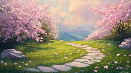 Winding stone path through green grass and pink cherry blossoms.