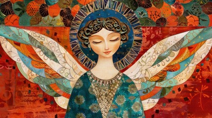 Abstract mosaic artwork depicting an angel with closed eyes and outstretched wings.