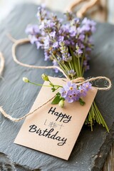 A collection of lavender sprigs on a textured stone surface, featuring a kraft paper note with the message "Happy Birthday," ideal for a birthday greeting.