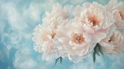 Dynamic pastel peonies and wispy clouds, set against a serene light blue backdrop, creating a captivating floral composition.