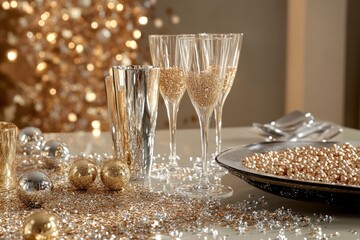 A table setting with champagne flutes and golden ornaments, featuring scattered gold and silver confetti on a white tablecloth.