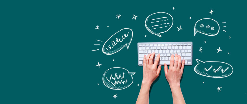 Speech bubbles and a computer keyboard - Photo collage