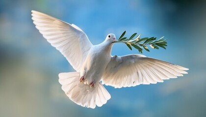 Fototapeta premium White dove with an olive branch, symbolizing peace