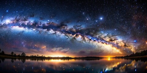Fototapeta premium A celestial tapestry of stars and the Milky Way reflected in a tranquil lake, creating a celestial spectacle.