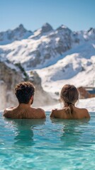 A couple enjoying a warm soak in a steaming hot spring, surrounded by snowy mountains, creating a serene and romantic winter getaway atmosphere..