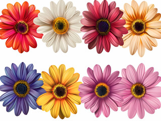 Set of colorful daisies on a white background, vector illustration. Detailed, realistic flowers. 