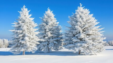 Fototapeta premium Snow-covered pine trees standing in winter landscape