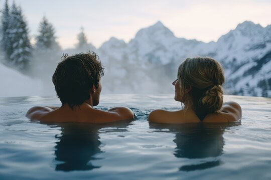 A couple enjoying a warm soak in a steaming hot spring, surrounded by snowy mountains, creating a serene and romantic winter getaway atmosphere..