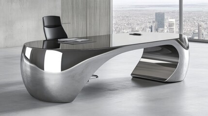 Futuristic metallic desk in an upscale office setting