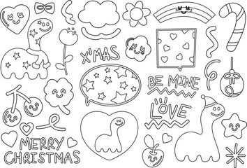 Christmas and New Year festive outlines with dinosaur, Santa hat, candy cane, clover leaf, cherry, text bubbles, ornaments, red heart for winter decoration, cartoon characters, kid colouring book, art