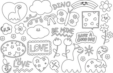 Outlines of christmas and New Year festive illustrations with dinosaur, text bubbles, red scarf, heart, cloud, flower for winter decoration, cartoon character, comic, stickers, kid colouring book, art