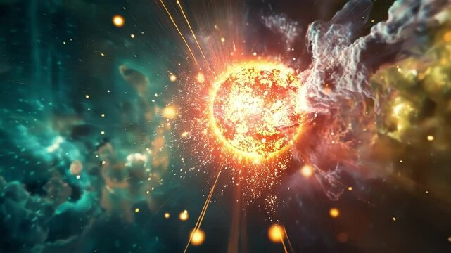 A detailed illustration of the collision between a highenergy cosmic ray and an atmospheric particle producing a shower of muons and pions.